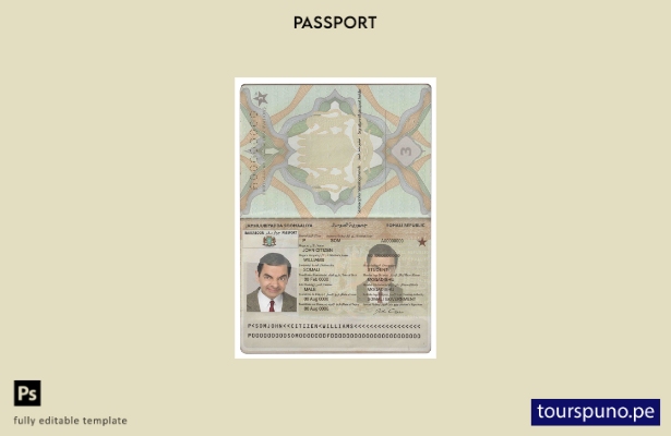 Plantilla de pasaporte de Somalia (Soomaaliya) lista para imprimir
